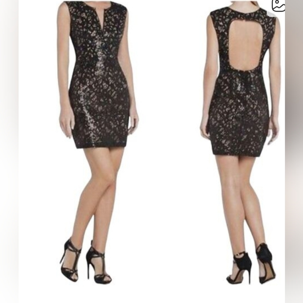 BCBG MaxAzria Black Lace & Nude Sequin Deep V Sheath Dress